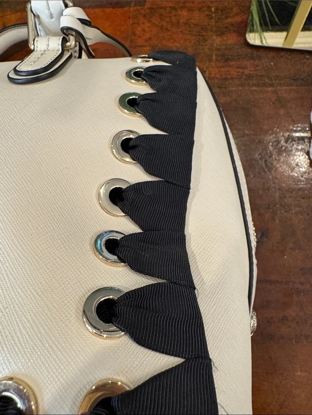 henri bendel White and Black Leather Satchel with Lace-Up Trim